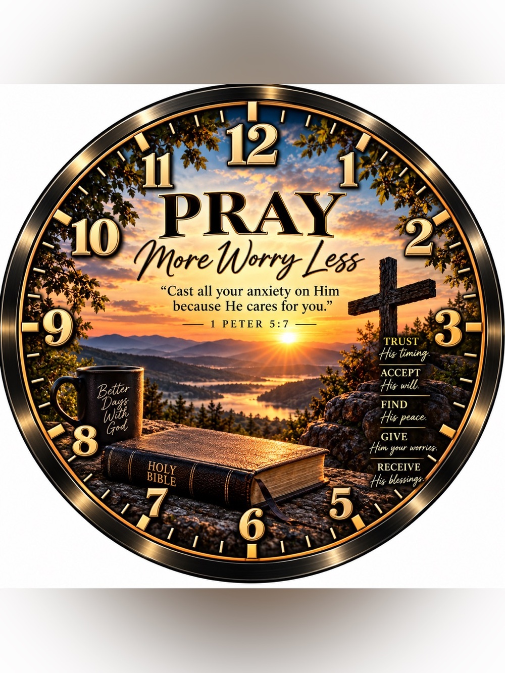 PRAY More Worry Less Wall Clock – Inspirational Sunrise Design (Gold, Black)